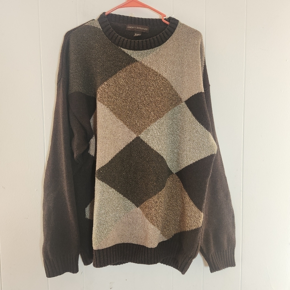 Vintage Liberty Sweater Brown Green Diamond Knit Size XL